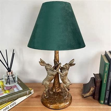 Antique Gold Marching Hares Lamp With Green Velvet Shade