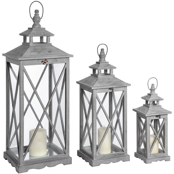 Set Of Three Wooden Lanterns With Traditional Cross Section 17459