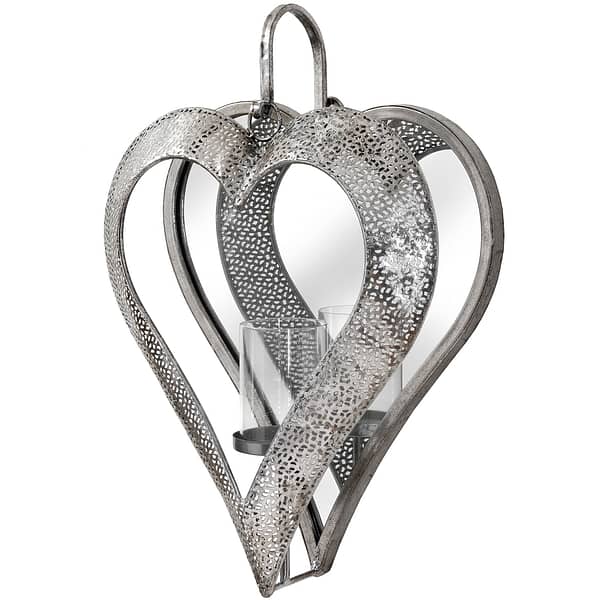 Antique Silver Heart Mirrored Tealight Holder in Large 19159