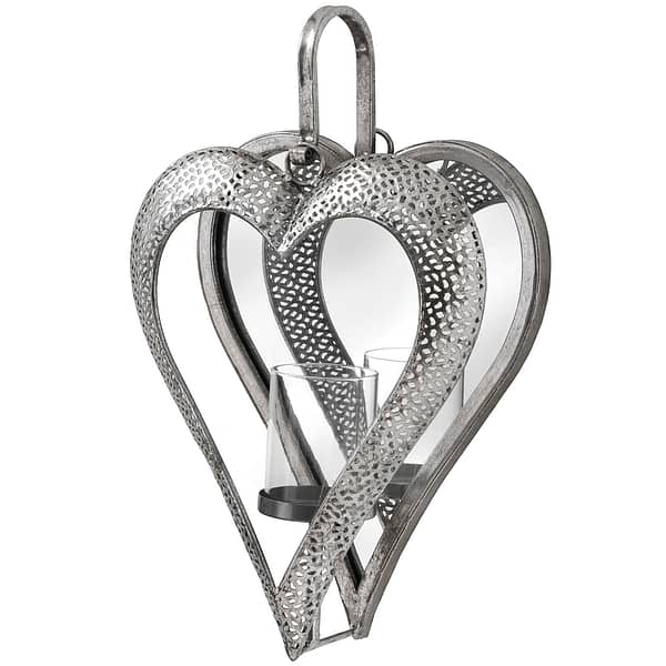 Antique Silver Heart Mirrored Tealight Holder in Small 19160