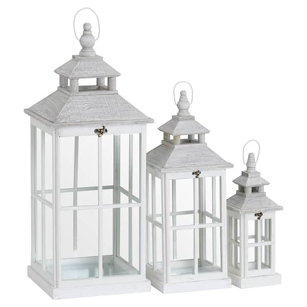 Set Of 3 White Window Style Lanterns With Open Top 19494