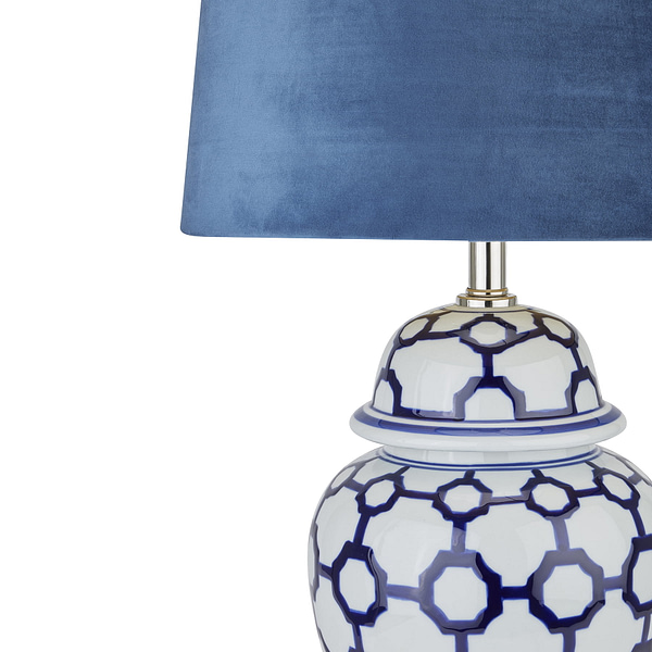 Acanthus Blue And White Ceramic Lamp With Blue Velvet Shade 22066 a