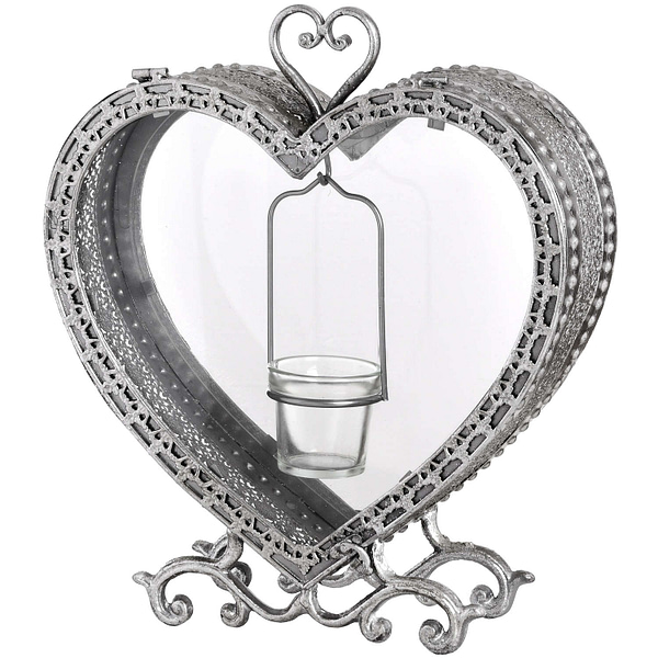 Free Standing Heart Tealight Lantern in Antique Silver 19162