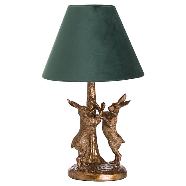 Antique Gold Marching Hares Lamp With Green Velvet Shade - Image 3