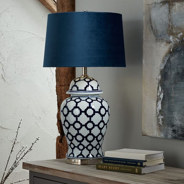 Acanthus Blue And White Ceramic Lamp With Blue Velvet Shade 22066 c 1