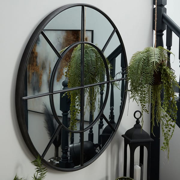 Large Round Metal Window Mirror In Black 22133 b