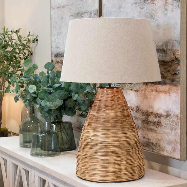 Conical Wicker Table Lamp With Linen Shade 23055 e