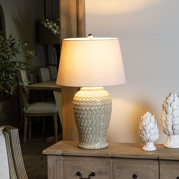 Woven Ceramic Table Lamp With Linen Shade 23058 g