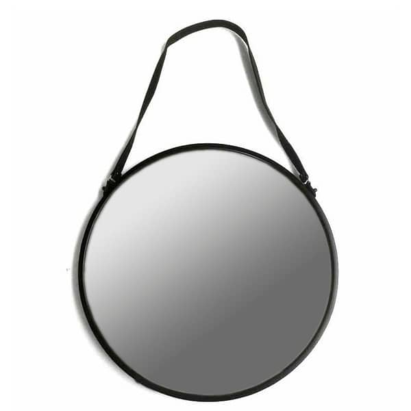 Matt Black Rimmed Round Hanging Wall Mirror With Black Strap 23092