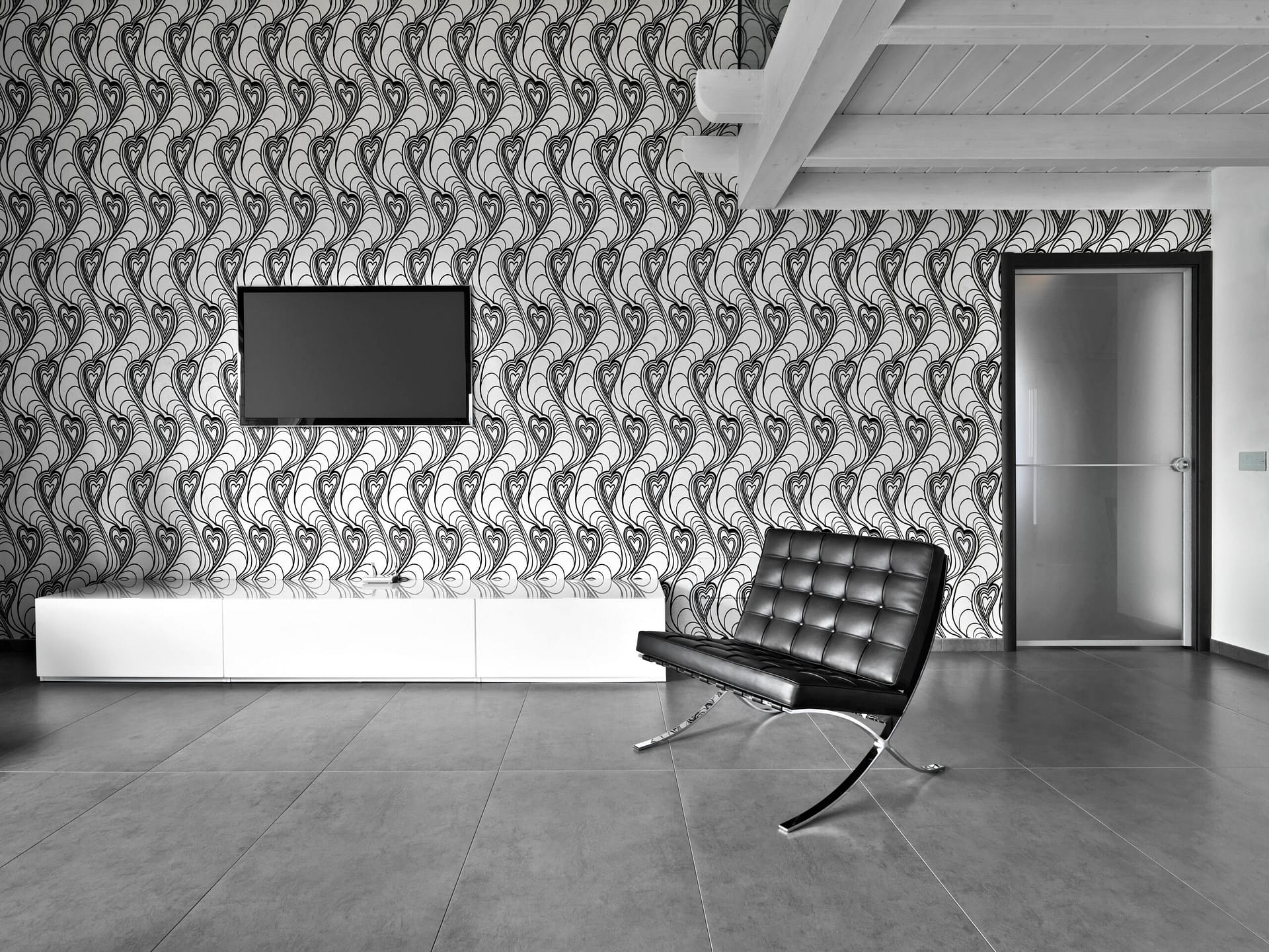 interiors of a modern living room with tile floor